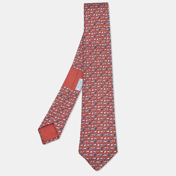 Herm&egrave;s Brick Red Up In The Clouds Silk Tie 7